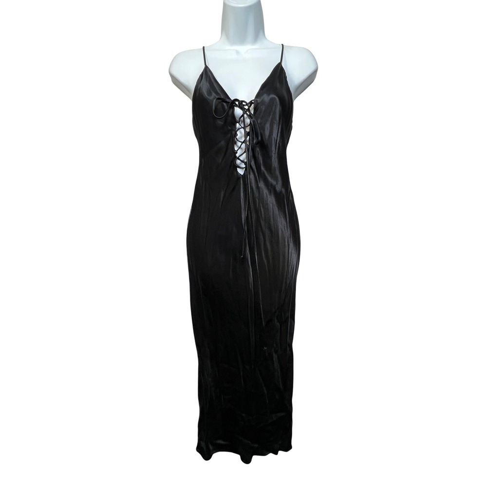 Zara Black Satin Lace Up Front Midi Slip Dress XS V-Neck Spaghetti Strap Viscose
